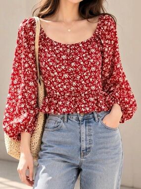 Primark Floral Puff Sleeve Blouse Red White UK 10 / US 6 NWT